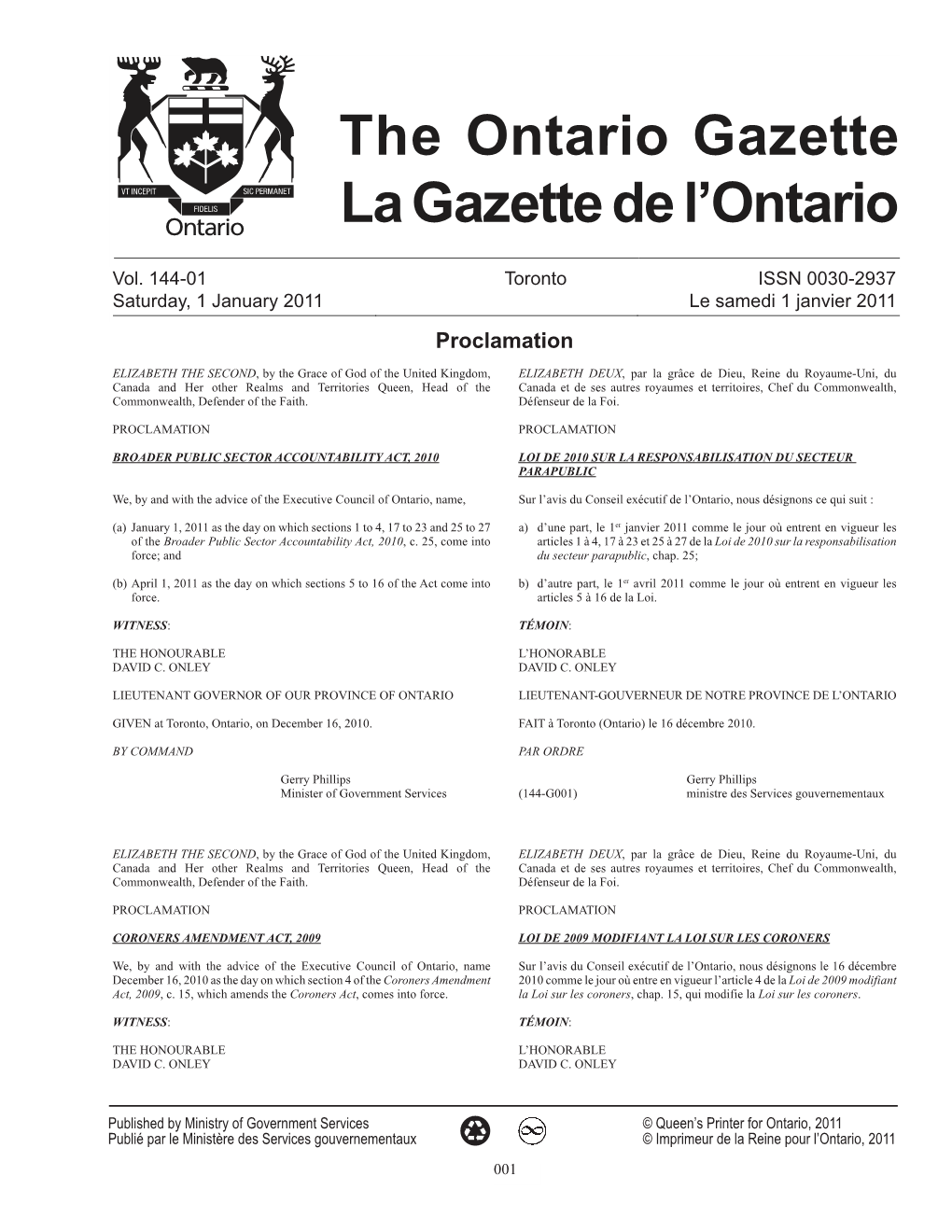 Ontario Gazette Volume 144 Issue 01, La Gazette De L'ontario Volume 144