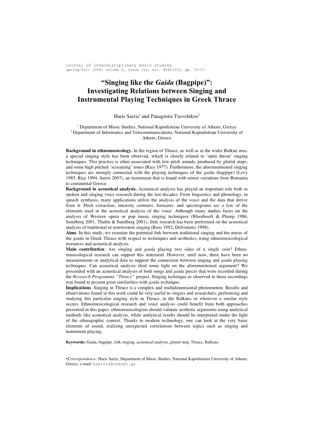 Singing Like the Gaida (Bagpipe)”: Investigating Relations Between Singing and Instrumental Playing Techniques in Greek Thrace