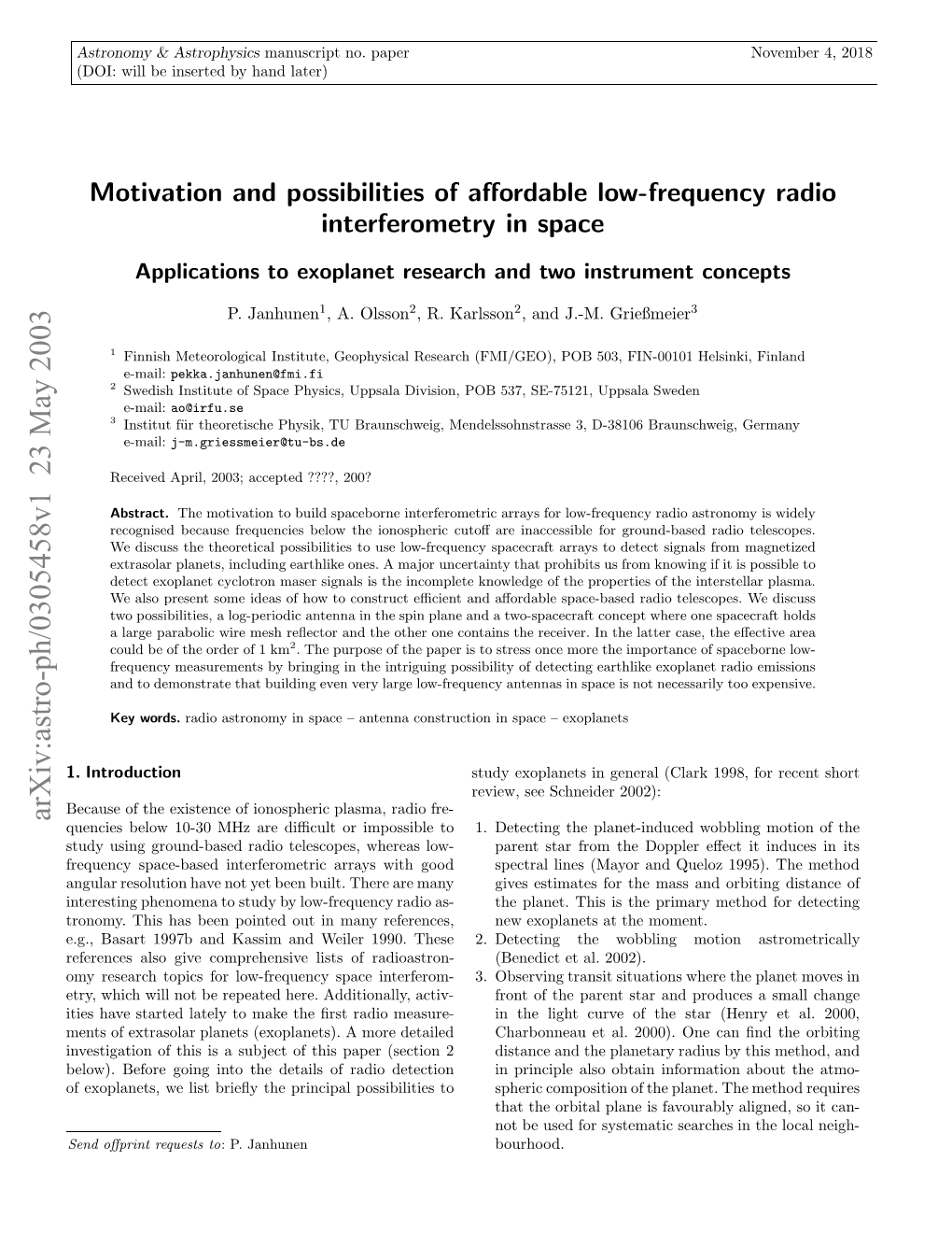 Motivation and Possibilities of Affordable Low-Frequency Radio Interferometry in Space