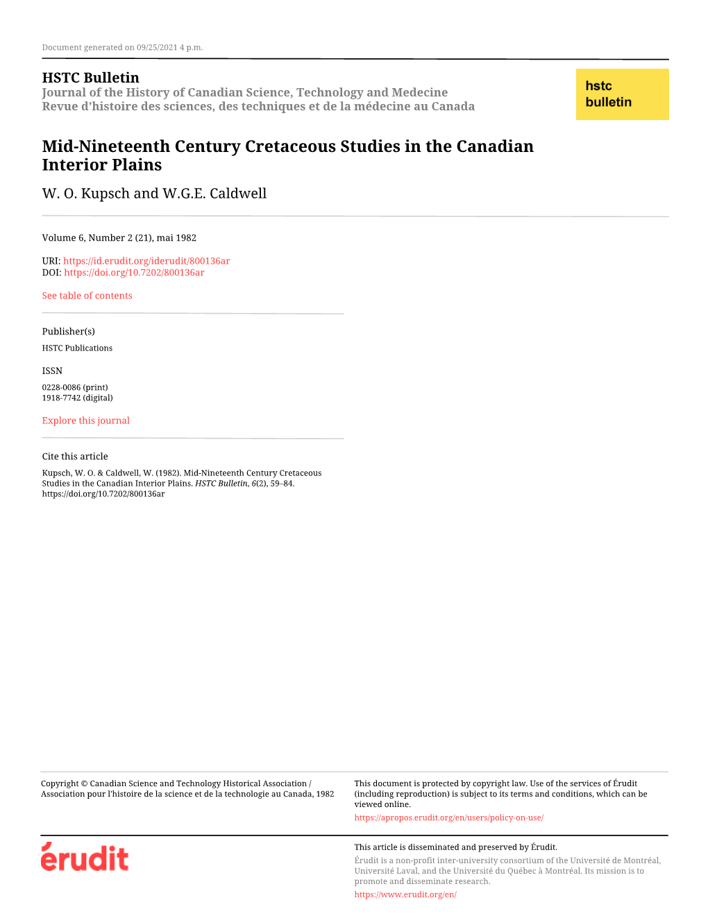 Mid-Nineteenth Century Cretaceous Studies in the Canadian Interior Plains W