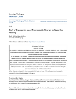 Study of Chalcogenide Based Thermoelectric Materials for Waste Heat Recovery