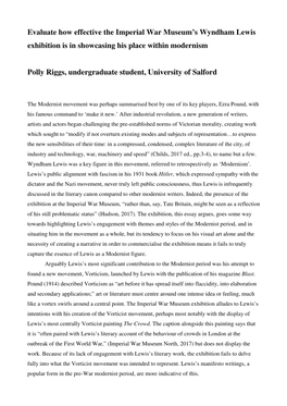 Evaluate How Effective the Imperial War Museum's Wyndham Lewis