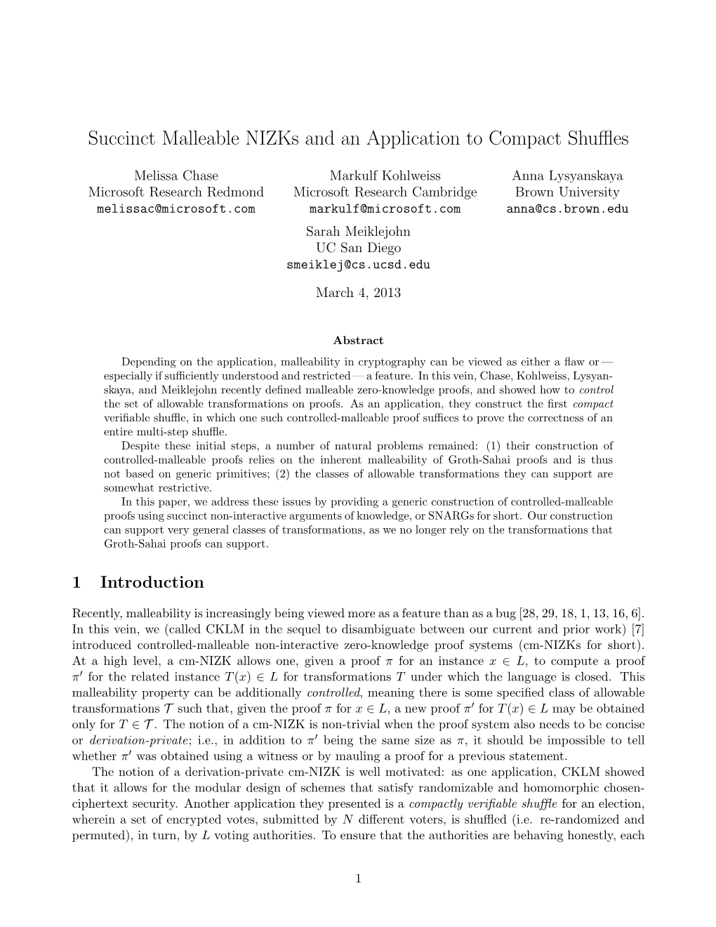 Succinct Malleable Nizks and an Application to Compact Shuffles