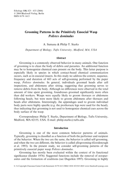 Grooming Patterns in the Primitively Eusocial Wasp Polistes Dominulus