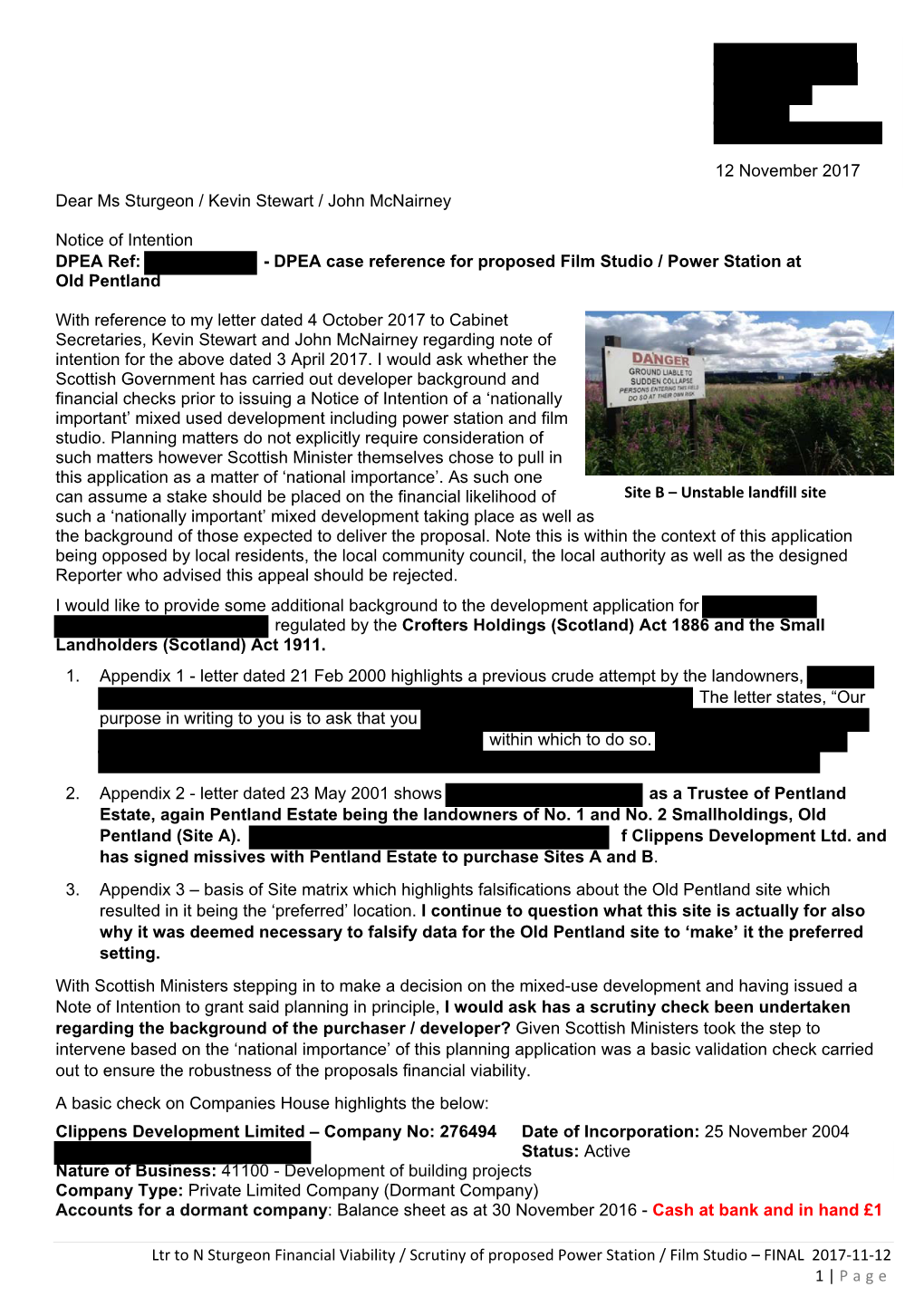 Site B – Unstable Landfill Site Dear Ms Sturgeon / Kevin Stewart / John