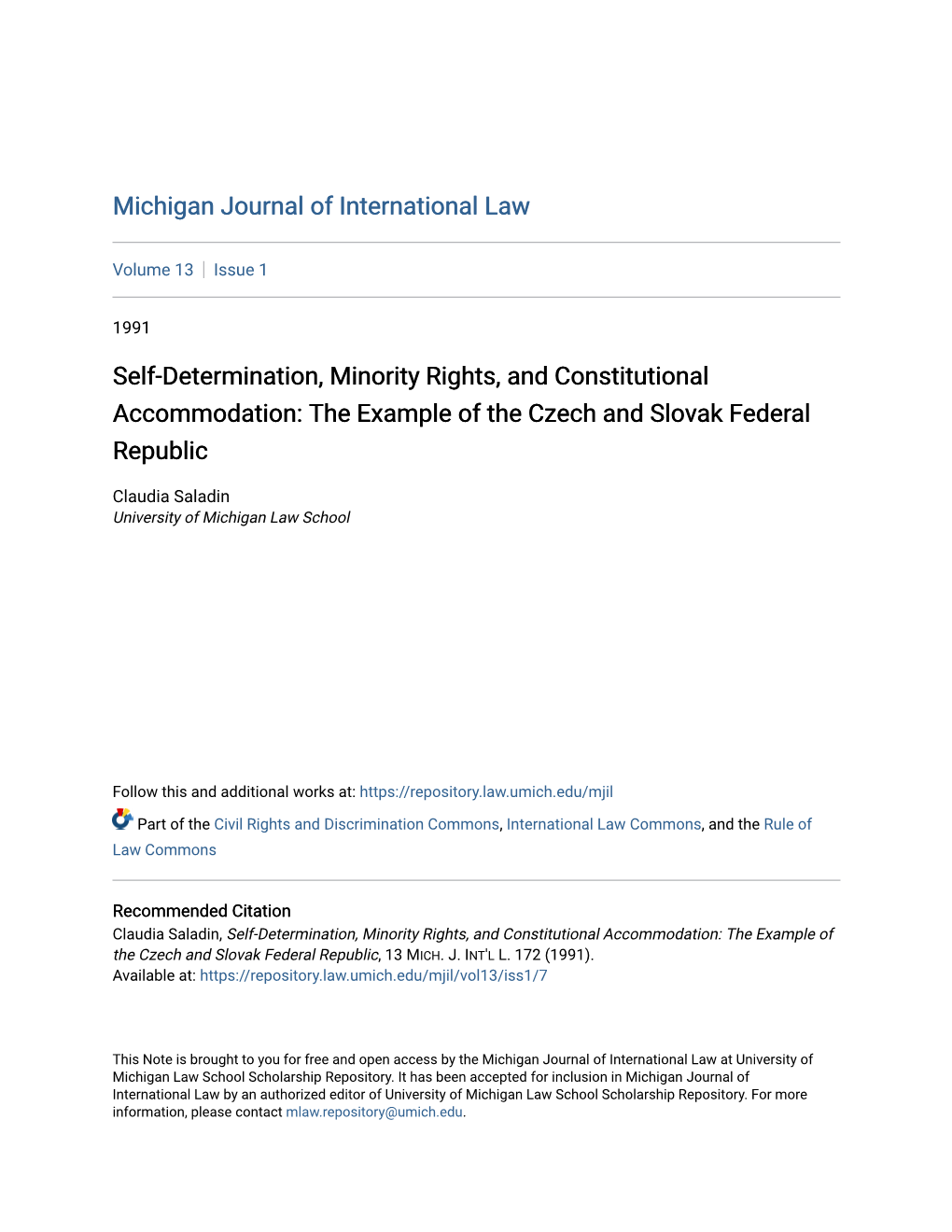 Self-Determination, Minority Rights, and Constitutional Accommodation: the Example of the Czech and Slovak Federal Republic