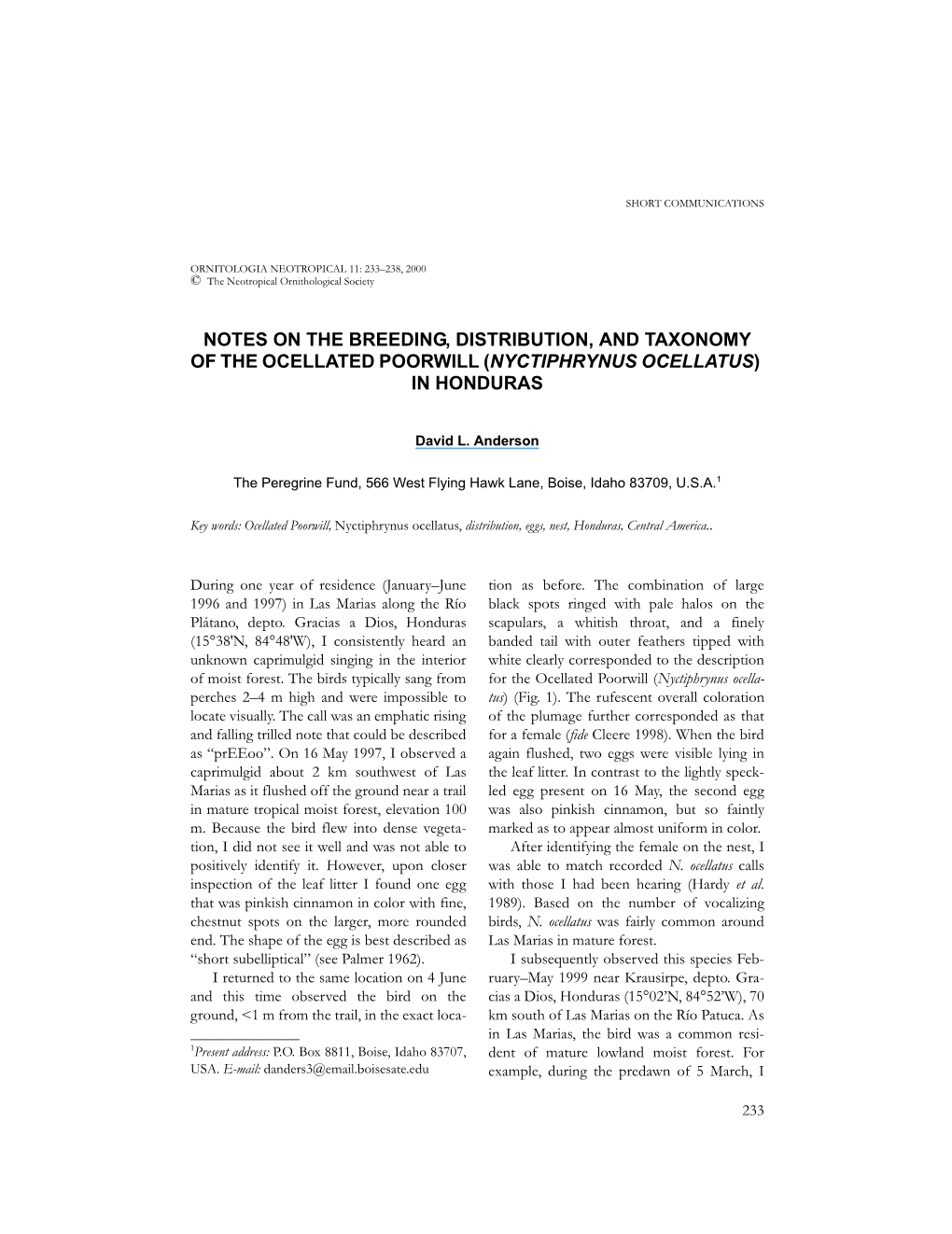 Notes on the Breeding, Distribution, and Taxonomy of the Ocellated Poorwill (Nyctiphrynus Ocellatus) in Honduras