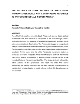 The Influence of State Ideology on Pentecostal Thinking After World War Ii, with Special Reference to White Pentecostals in South Africa.1