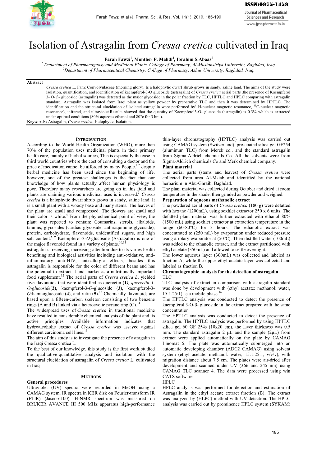 Isolation of Astragalin from Cressa Cretica Cultivated in Iraq