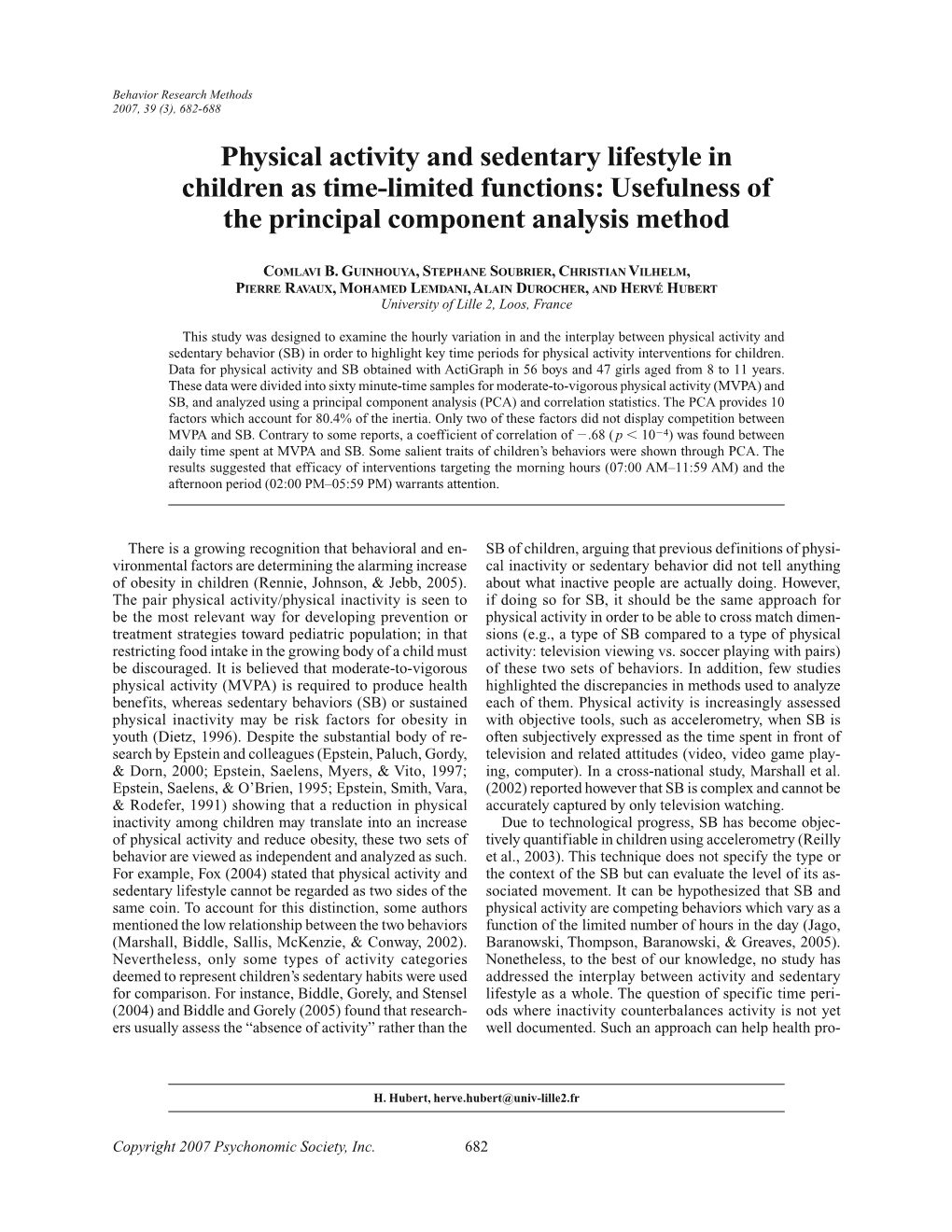Physical Activity and Sedentary Lifestyle in Children As Time-Limited Functions: Usefulness of the Principal Component Analysis Method