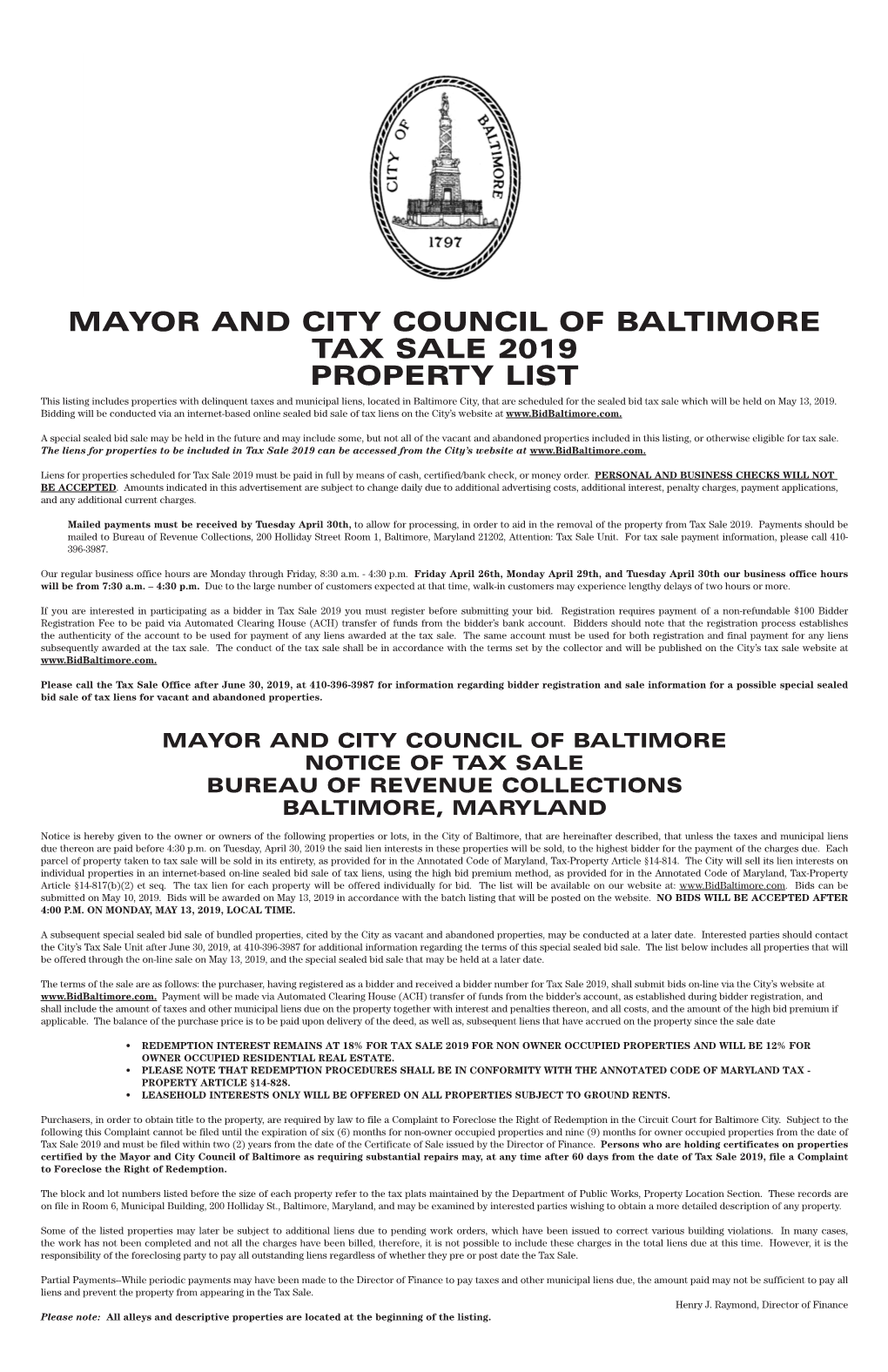 Mayor and City Council of Baltimore Tax Sale 2019