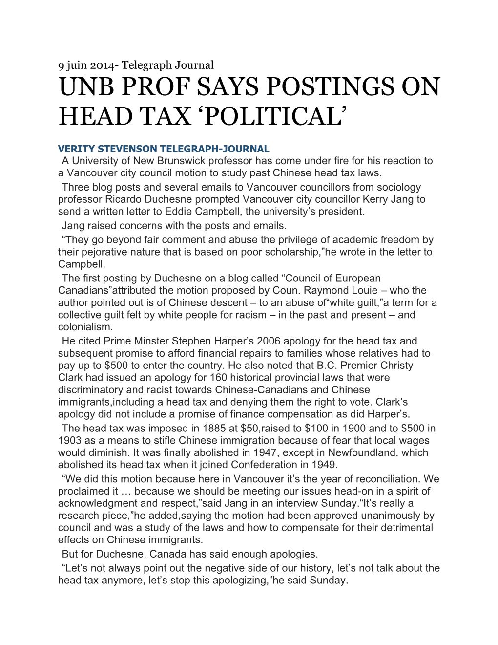 Unb Prof Says Postings on Head Tax 'Political'