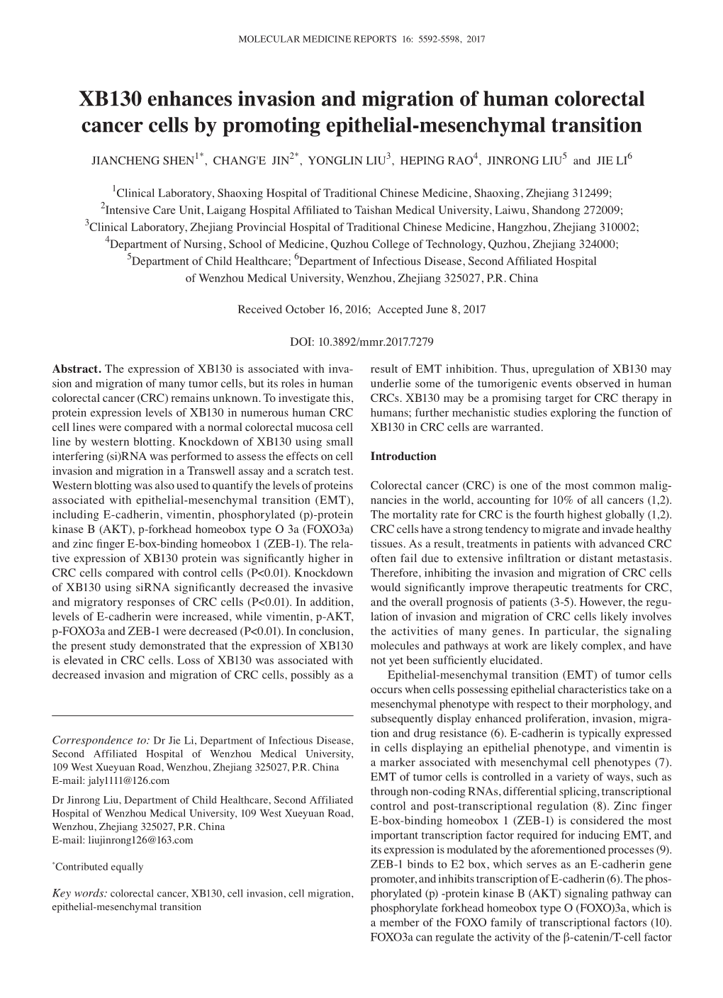 XB130 Enhances Invasion and Migration of Human Colorectal Cancer Cells by Promoting Epithelial‑Mesenchymal Transition