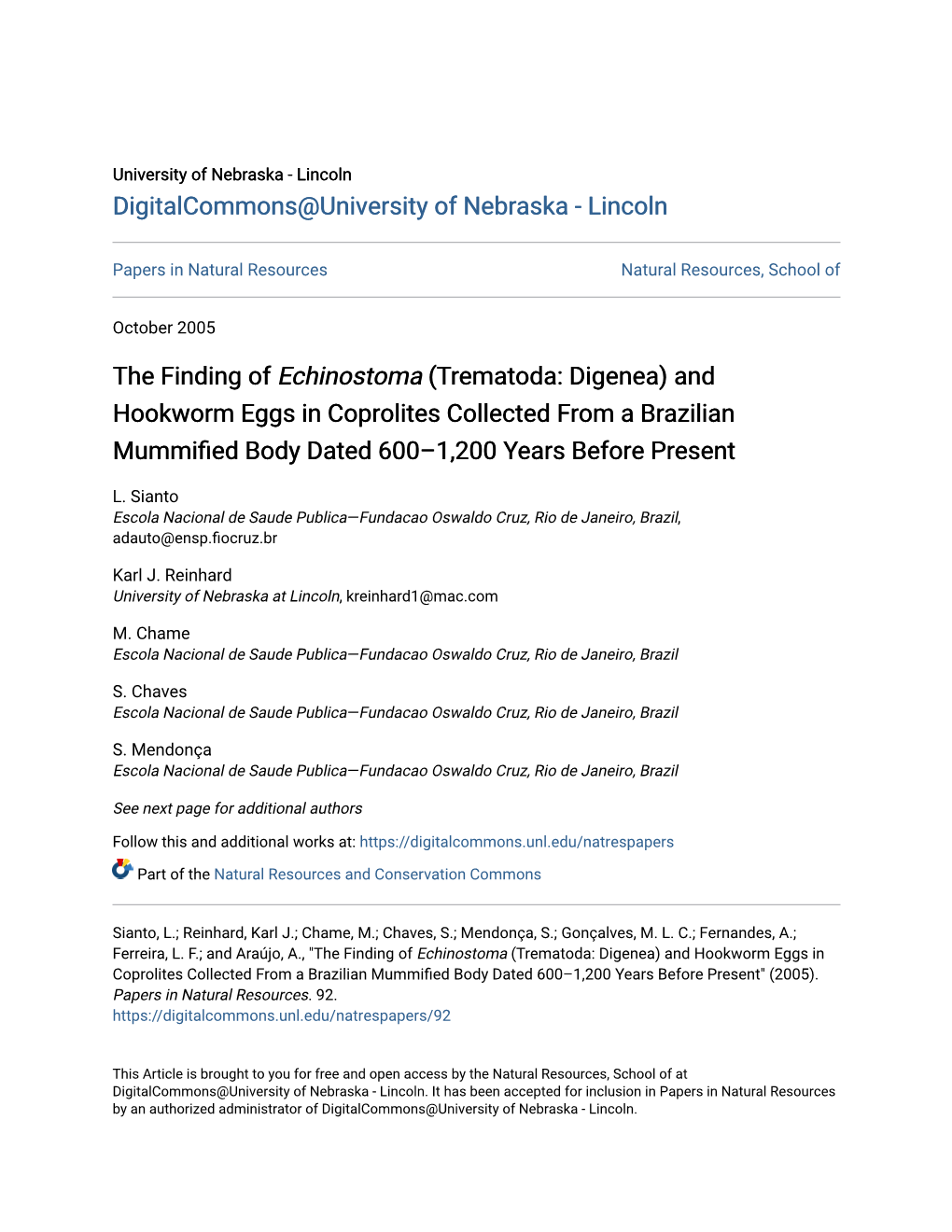 The Finding of Echinostoma (Trematoda: Digenea) and Hookworm Eggs in Coprolites Collected from a Brazilian Mummified Body Dated 600–1,200 Earsy Before Present