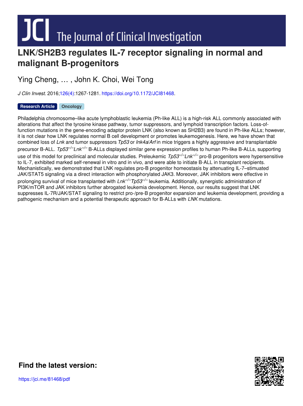 LNK/SH2B3 Regulates IL-7 Receptor Signaling in Normal and Malignant B-Progenitors