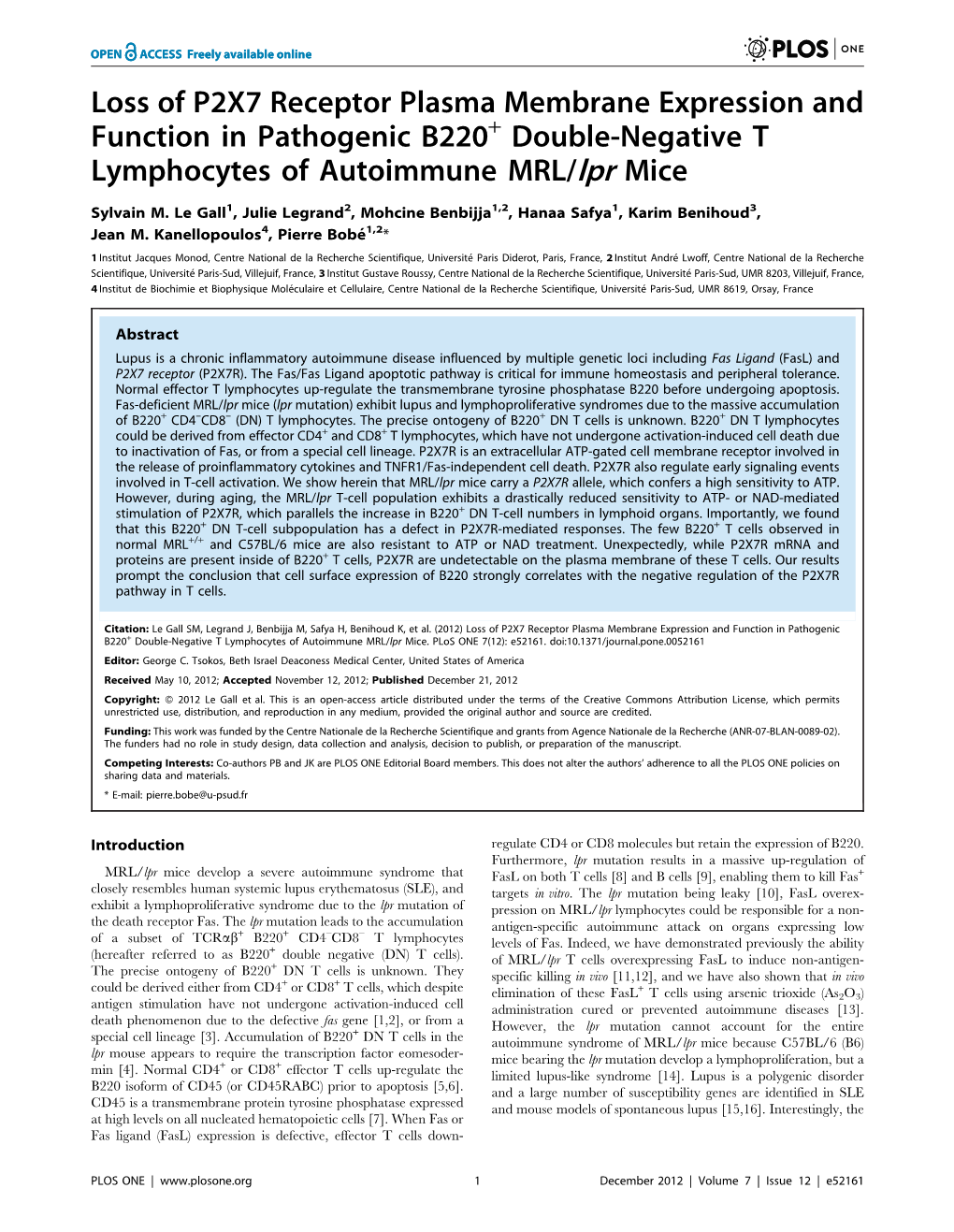 Loss of P2X7 Receptor Plasma Membrane Expression and Function in Pathogenic B220+ Double-Negative T Lymphocytes of Autoimmune MRL/Lpr Mice