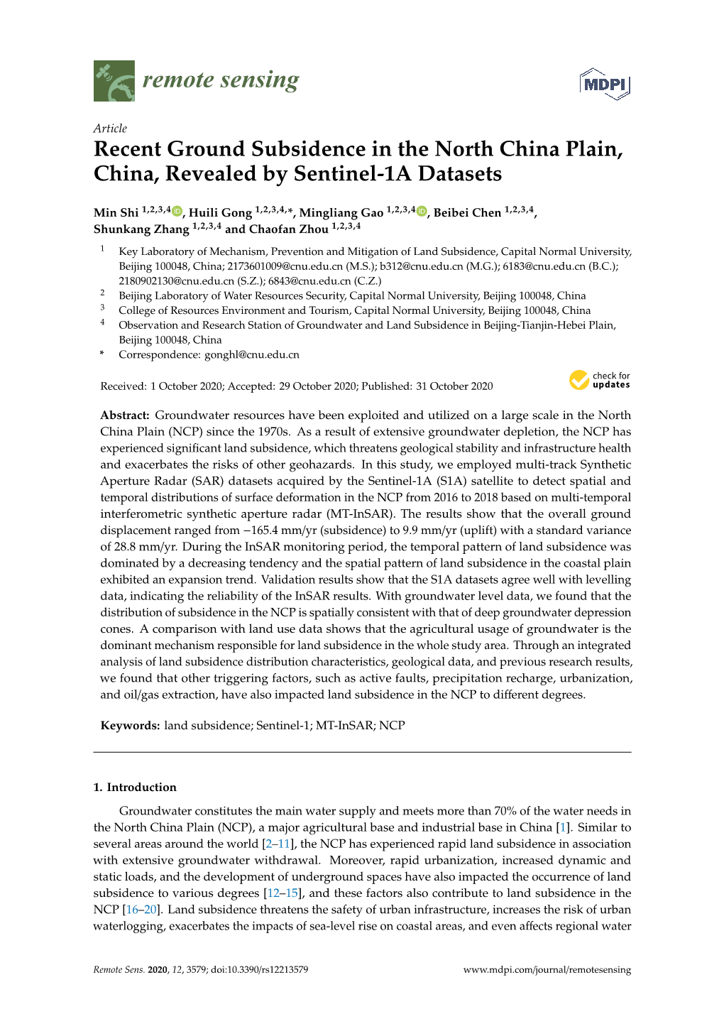 Recent Ground Subsidence in the North China Plain, China, Revealed by Sentinel-1A Datasets