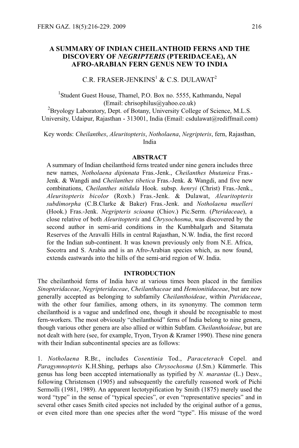 A Summary of Indian Cheilanthoid Ferns and the Discovery of Negripteris (Pteridaceae), an Afro-Arabian Fern Genus New to India