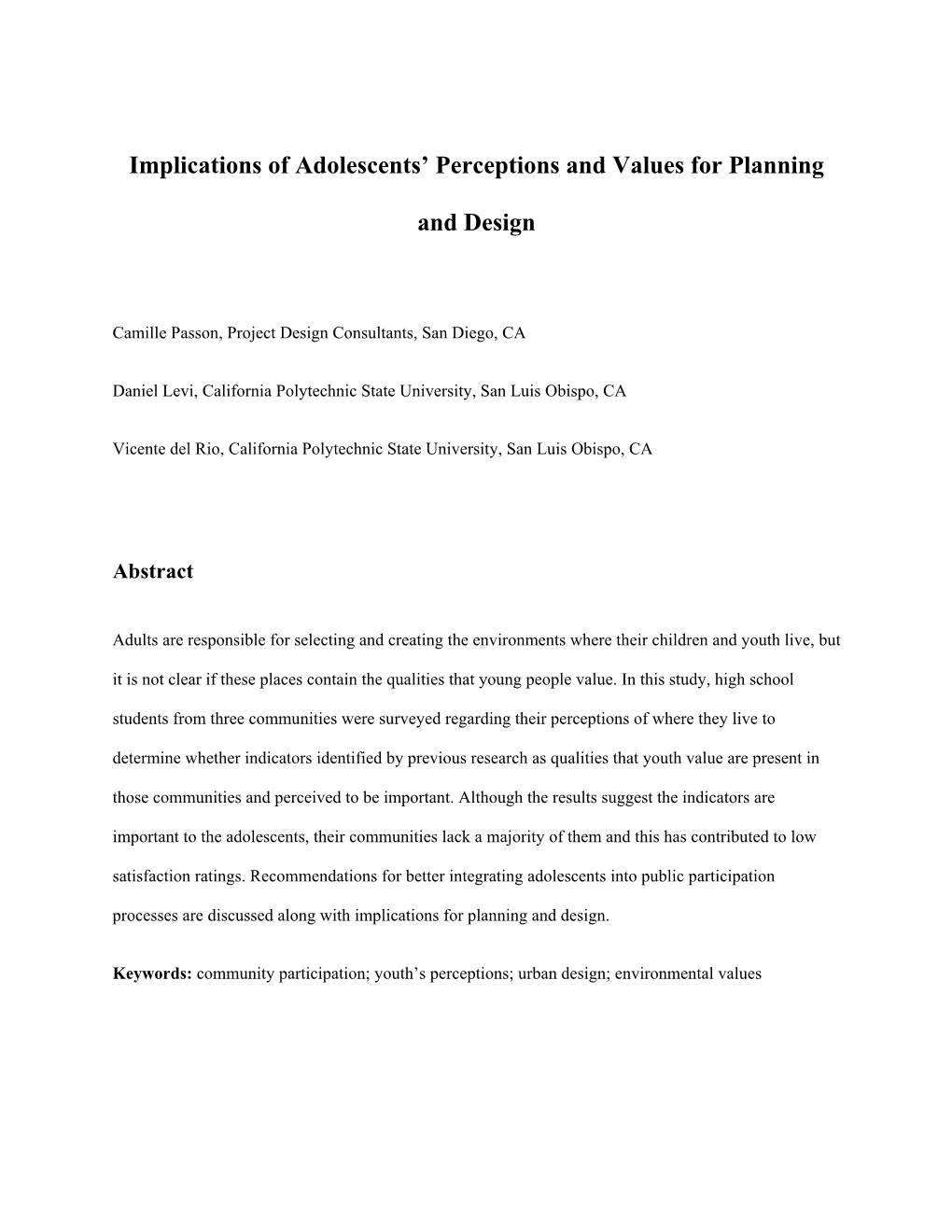 Implications of Adolescents' Perceptions and Values For
