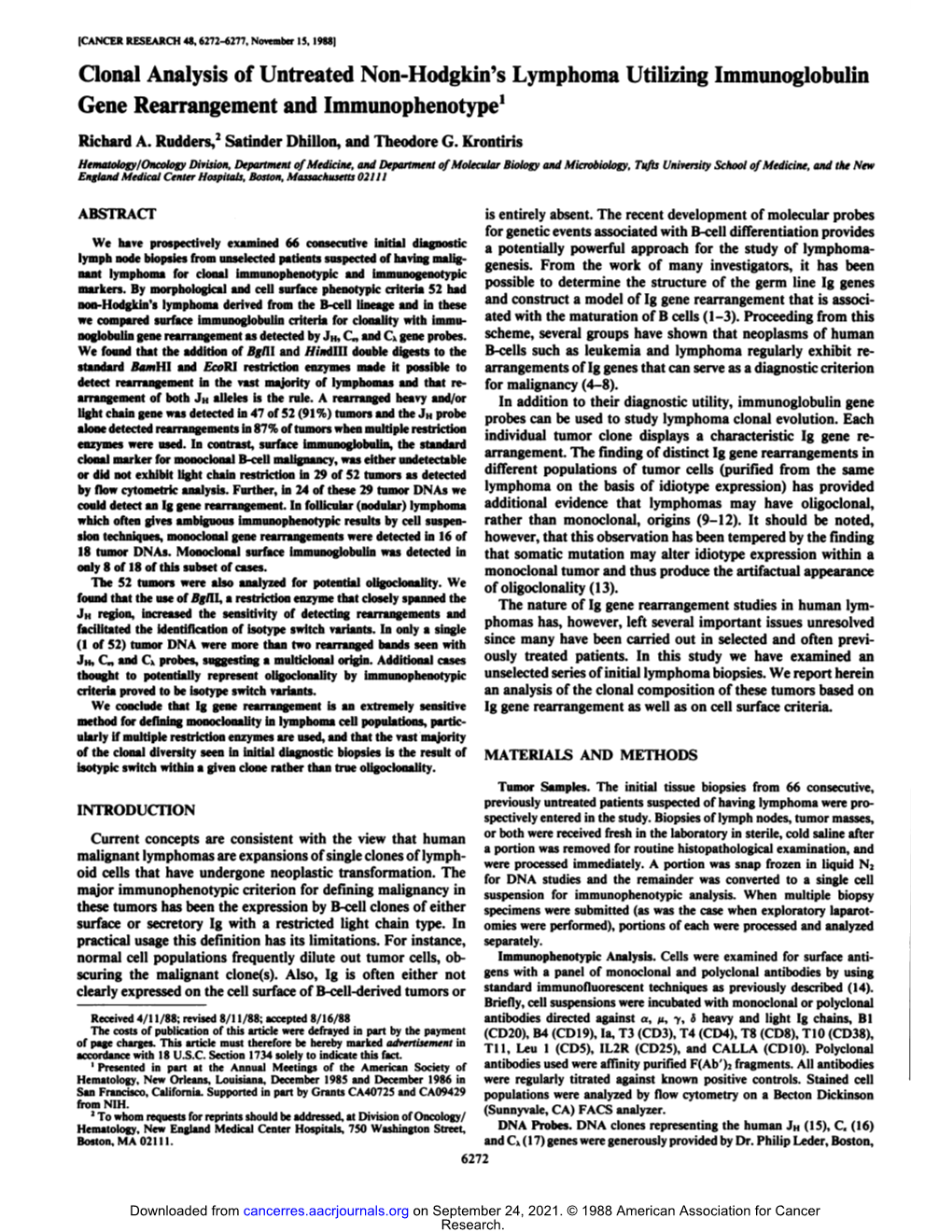 Clonal Analysis of Untreated Non-Hodgkin's Lymphoma Utilizing Immunoglobulin Gene Rearrangement and Immunophenotype1