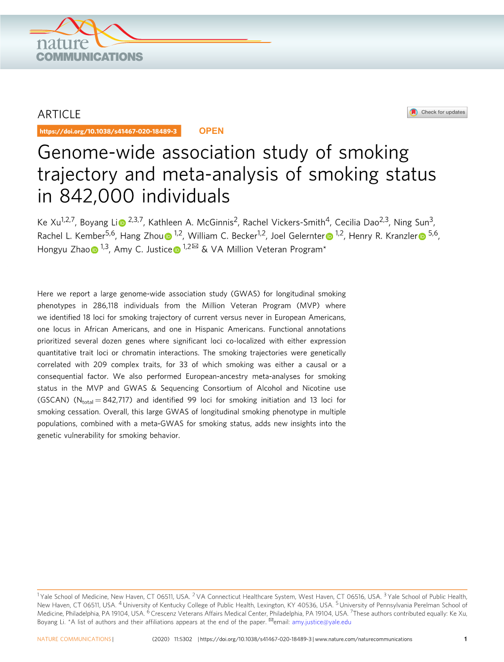 Genome-Wide Association Study of Smoking Trajectory and Meta-Analysis of Smoking Status in 842,000 Individuals