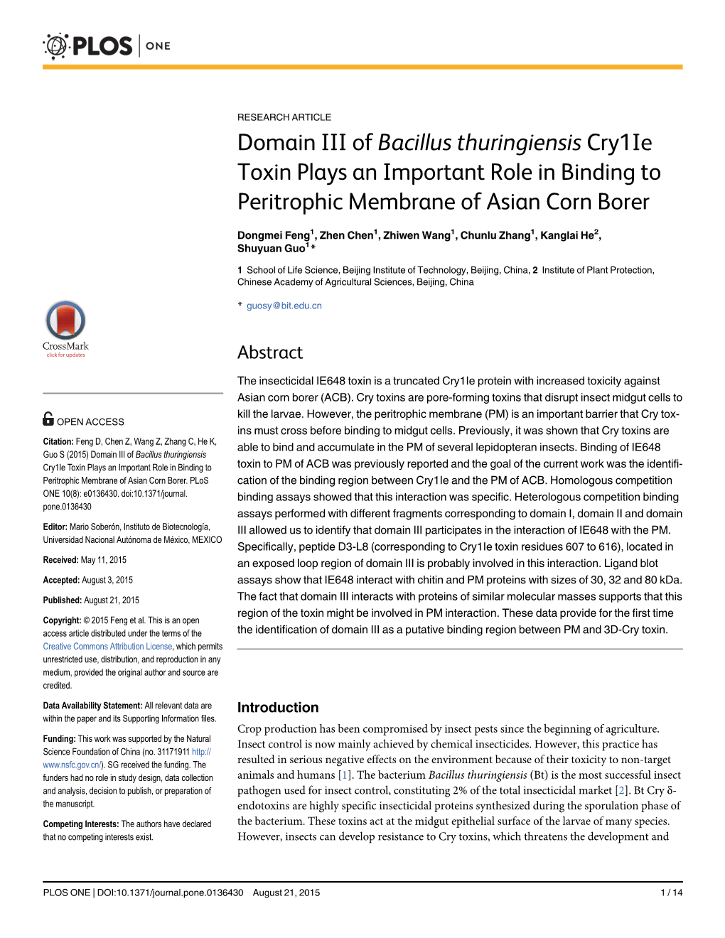 Domain III of Bacillus Thuringiensis Cry1ie Toxin Plays an Important Role in Binding to Peritrophic Membrane of Asian Corn Borer