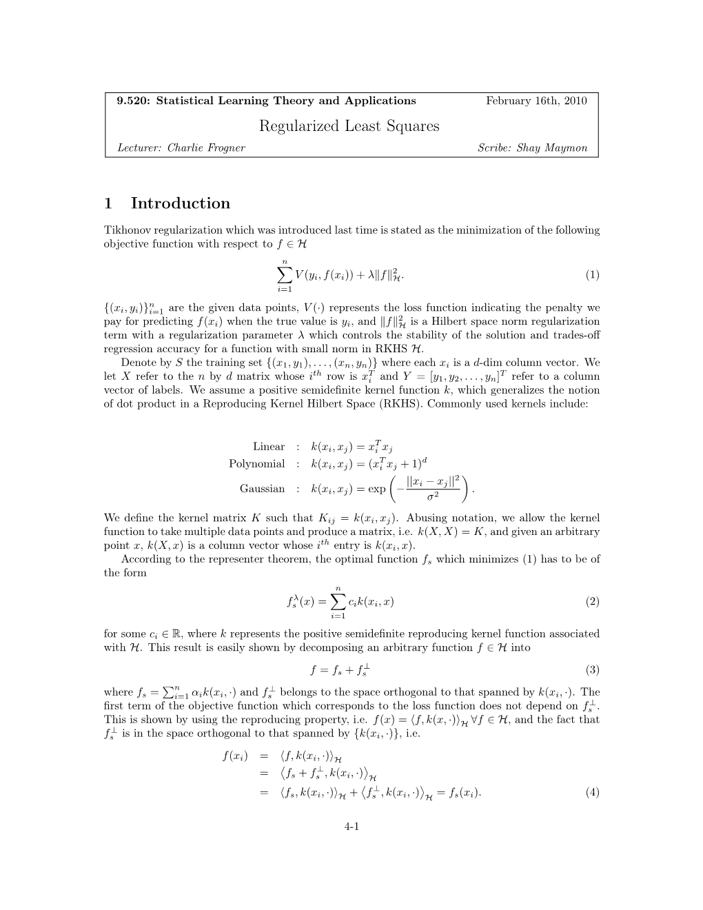 Regularized Least Squares 1 Introduction