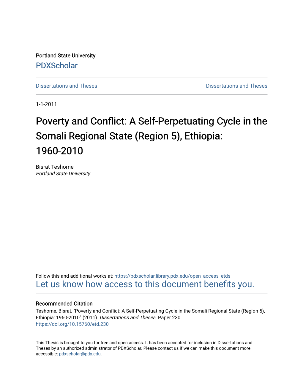 Poverty and Conflict: a Self-Perpetuating Cycle in the Somali Regional State (Region 5), Ethiopia: 1960-2010