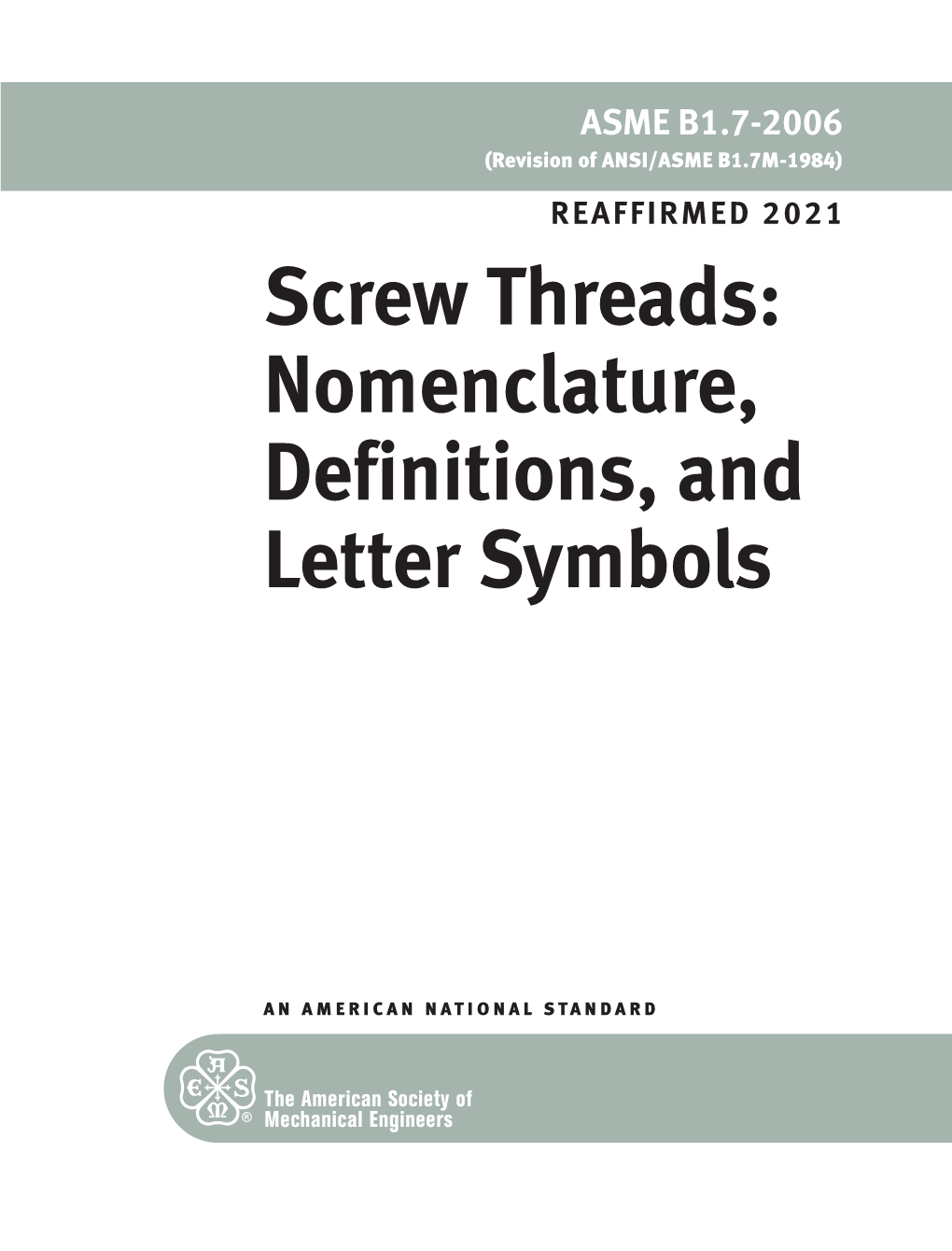 Screw Threads: Nomenclature, Definitions, and Letter Symbols