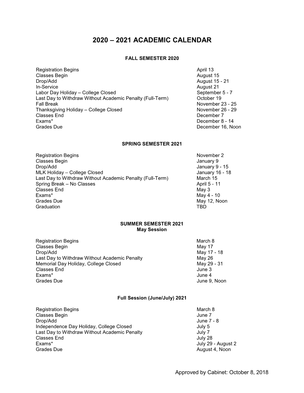 Academic Calendar 2020-2021