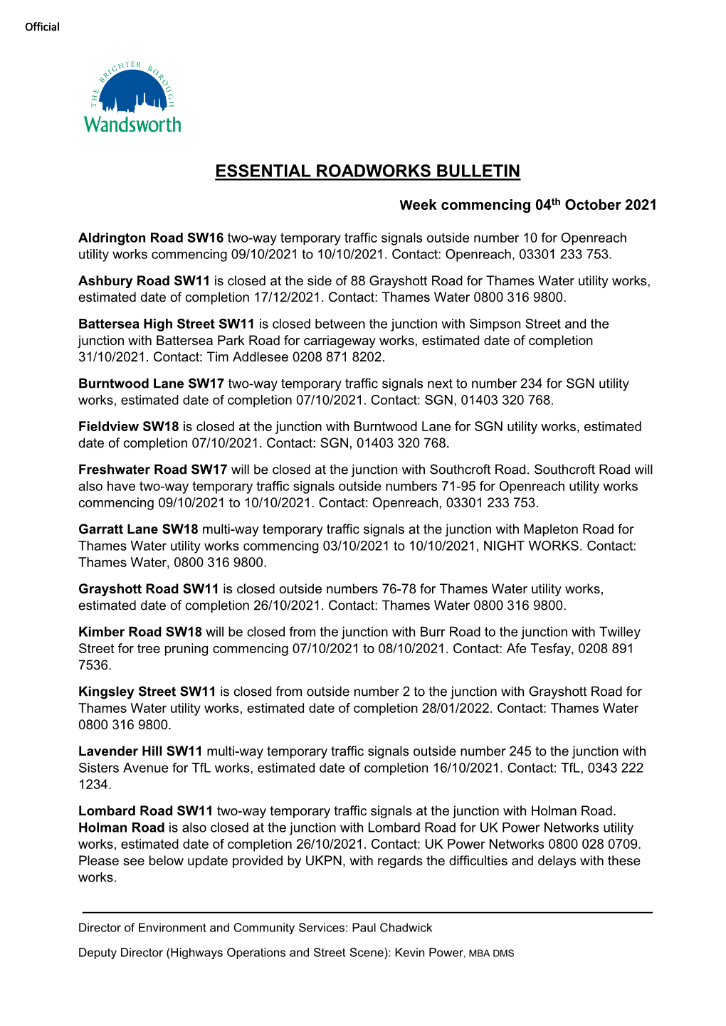 Essential Roadworks Bulletin