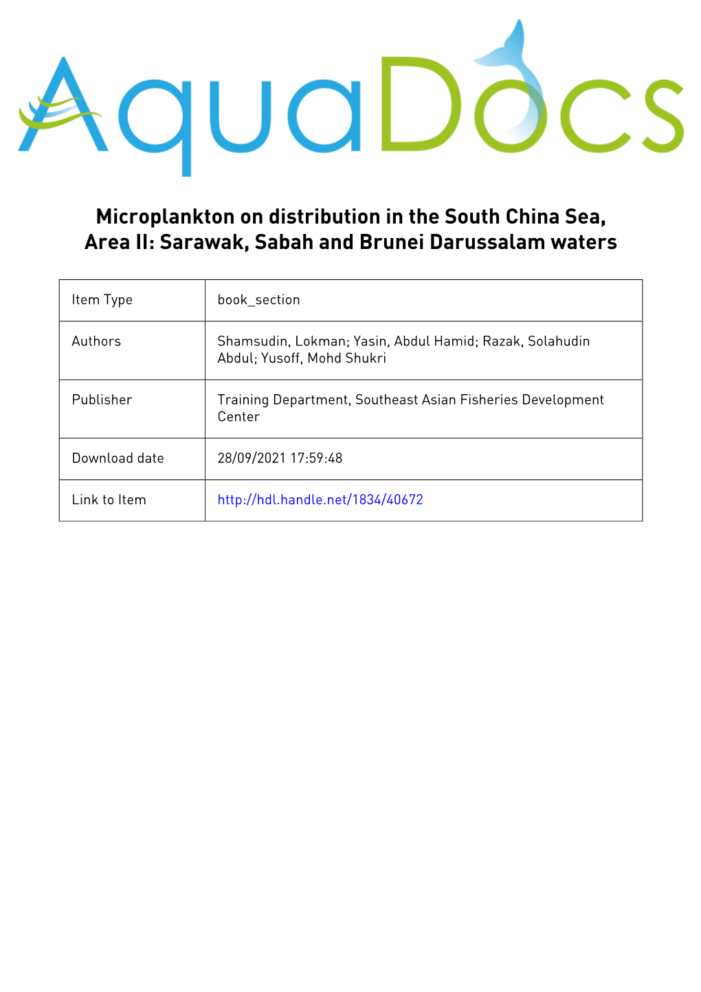 Microplankton on Distribution in the South China Sea, Area II: Sarawak, Sabah and Brunei Darussalam Waters