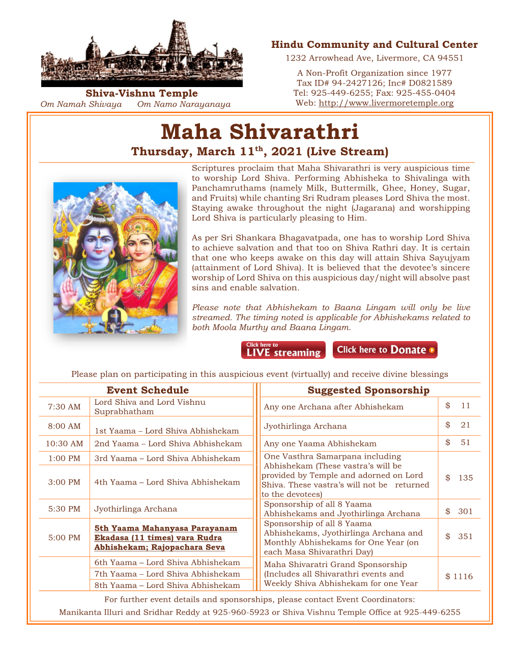 Maha Shivarathri Thursday, March 11Th, 2021 (Live Stream)