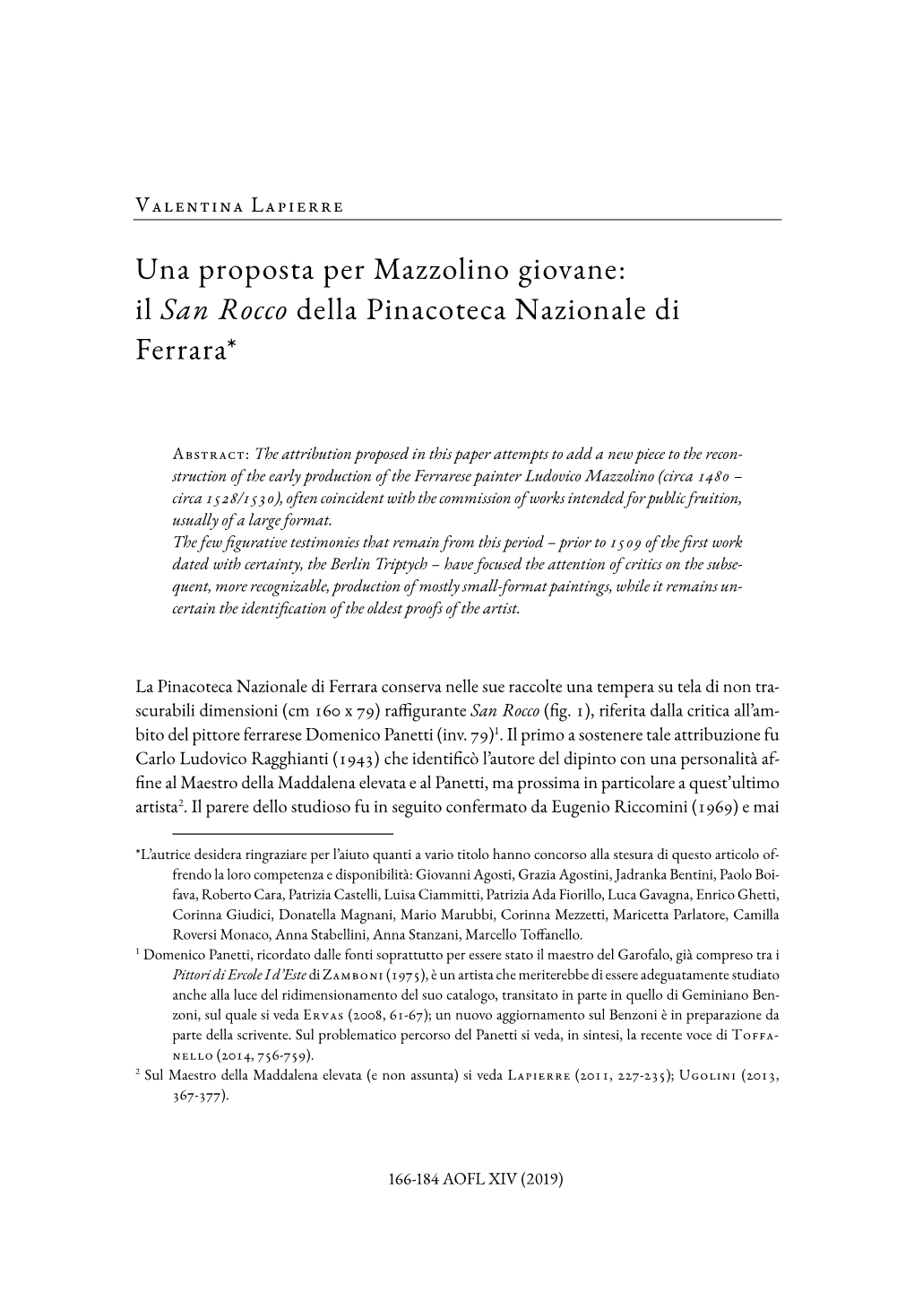 Una Proposta Per Mazzolino Giovane: Il San Rocco Della Pinacoteca Nazionale Di Ferrara*