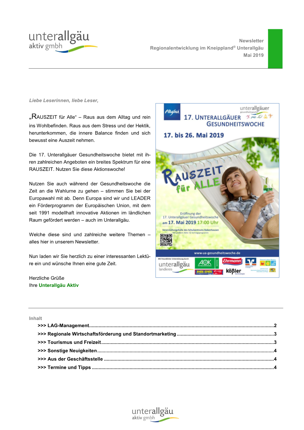 Newsletter Regionalentwicklung Im Kneippland® Unterallgäu Mai 2019
