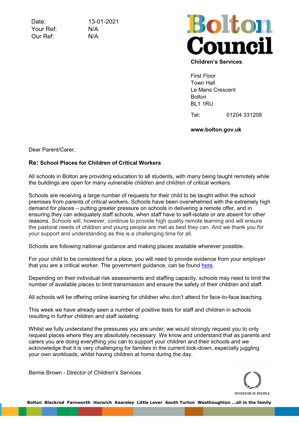 13.1.21 Letter to Parents About Critical Workers from Bolton Council
