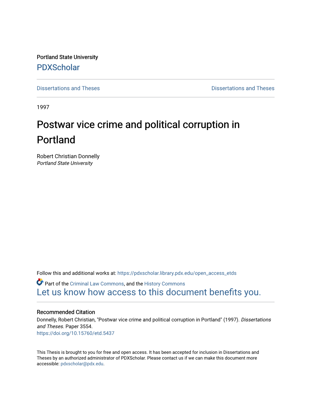 Postwar Vice Crime and Political Corruption in Portland