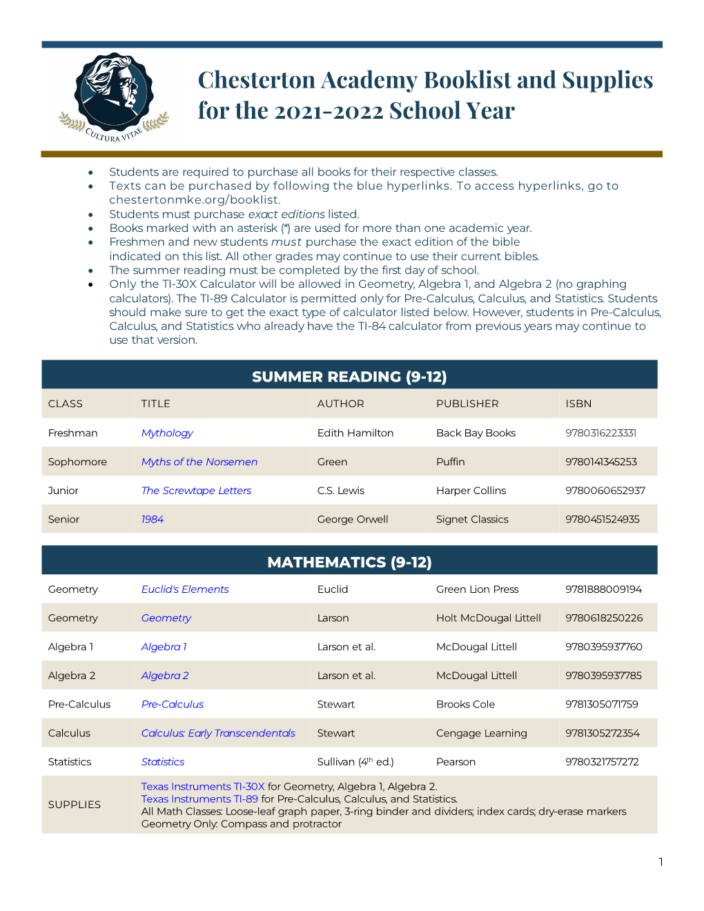 Chesterton Academy Booklist and Supplies for the 2021-2022 School Year