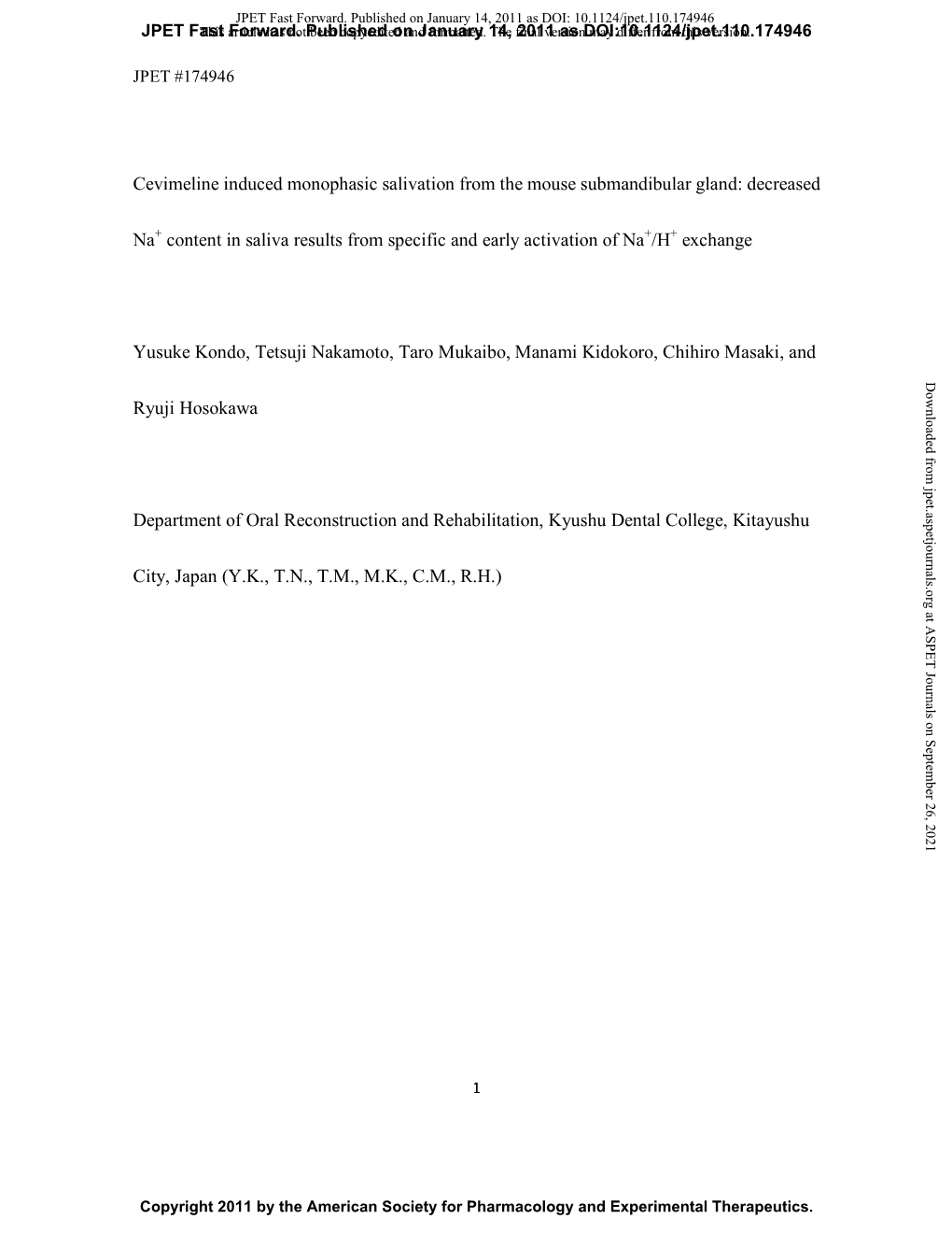 Cevimeline Induced Monophasic Salivation from the Mouse Submandibular Gland: Decreased