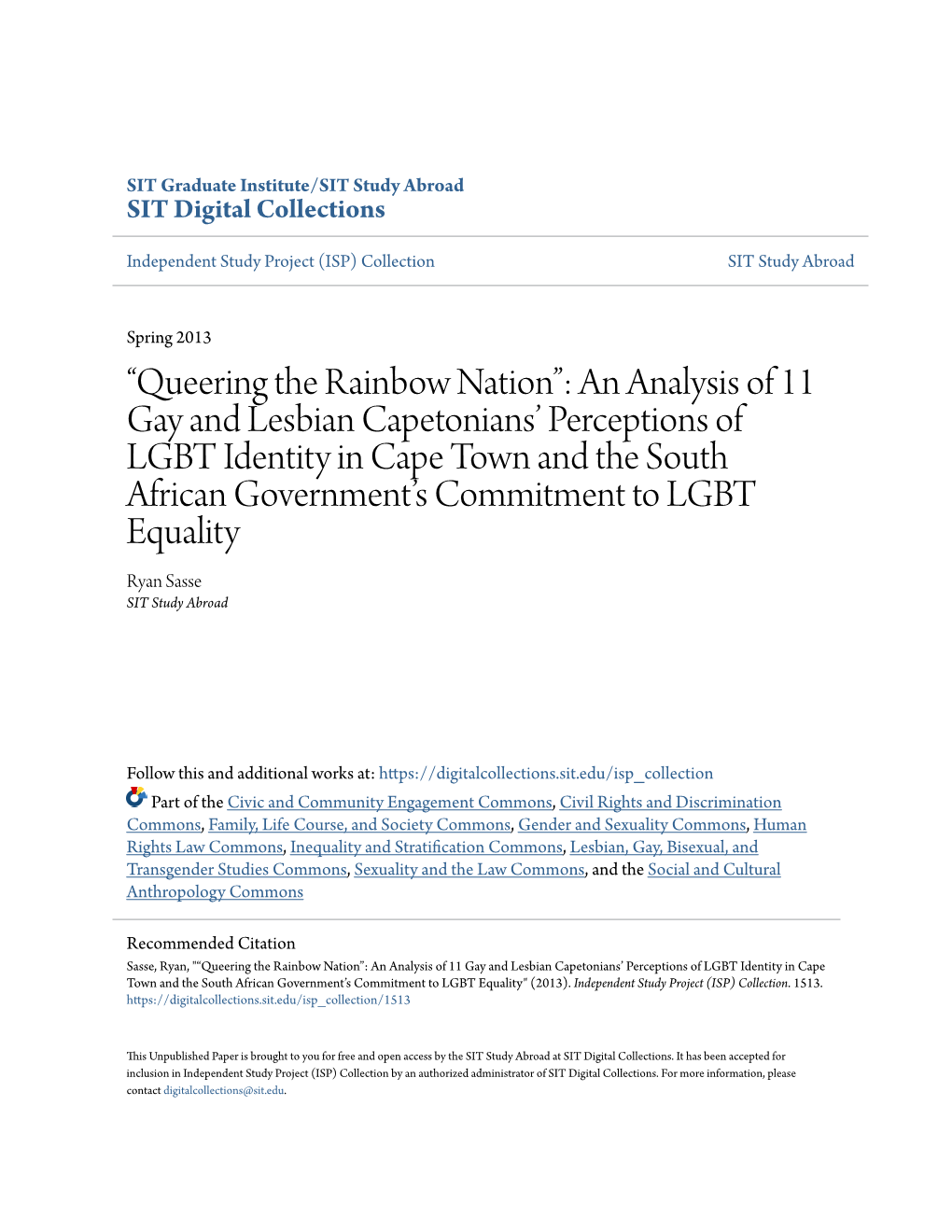 An Analysis of 11 Gay and Lesbian Capetoniansâ•Ž Perceptions of LGBT Identity In