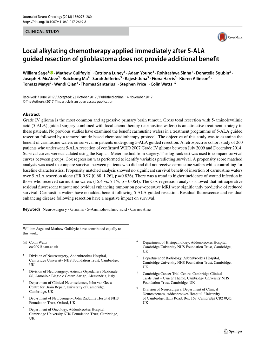 Local Alkylating Chemotherapy Applied Immediately After 5-ALA Guided Resection of Glioblastoma Does Not Provide Additional Benefit