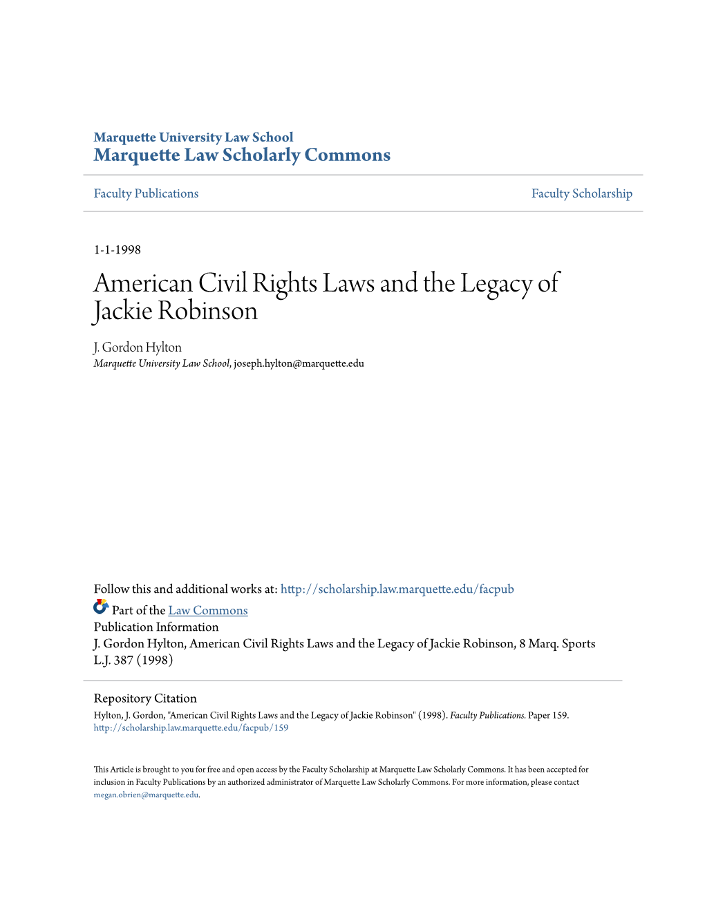 American Civil Rights Laws and the Legacy of Jackie Robinson J