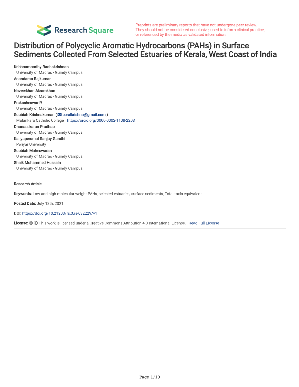 Distribution of Polycyclic Aromatic Hydrocarbons (Pahs) in Surface Sediments Collected from Selected Estuaries of Kerala, West Coast of India