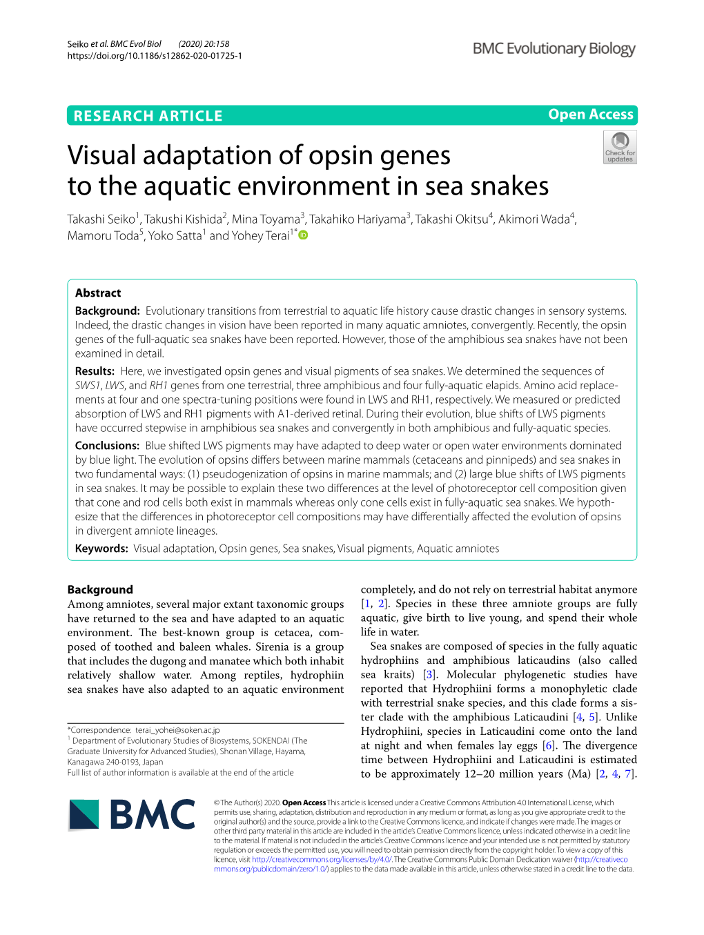 Visual Adaptation of Opsin Genes to the Aquatic Environment in Sea Snakes