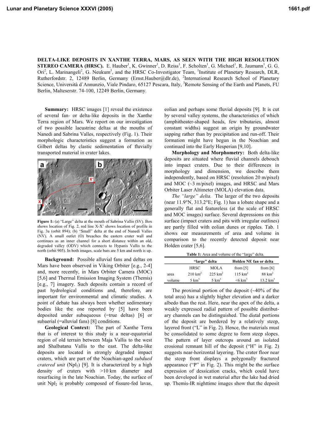 Delta-Like Deposits in Xanthe Terra, Mars, As Seen with the High Resolution Stereo Camera (Hrsc)