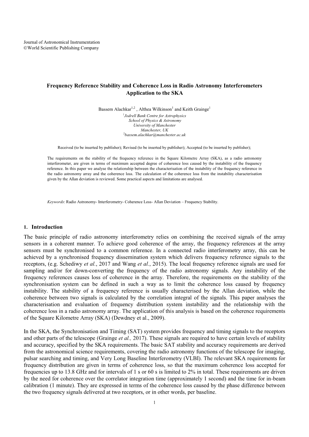 Frequency Reference Stability and Coherence Loss in Radio Astronomy Interferometers Application to the SKA