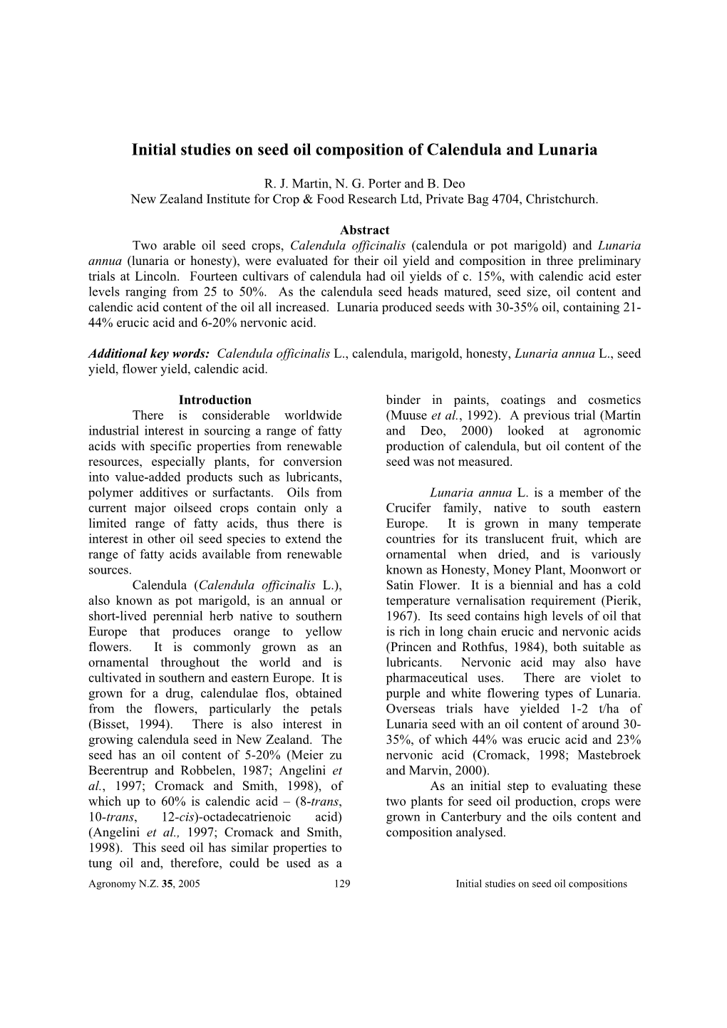 Initial Studies on Seed Oil Composition of Calendula and Lunaria