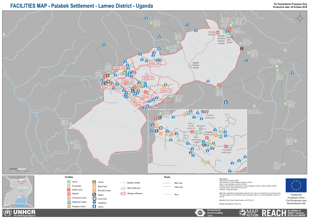FACILITIES MAP - Palabek Settlement - Lamwo District - Uganda Production Date: 24 October 2018