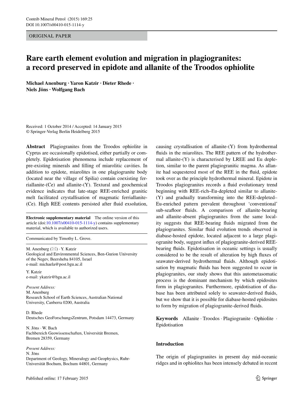 Rare Earth Element Evolution and Migration in Plagiogranites: a Record Preserved in Epidote and Allanite of the Troodos Ophiolite