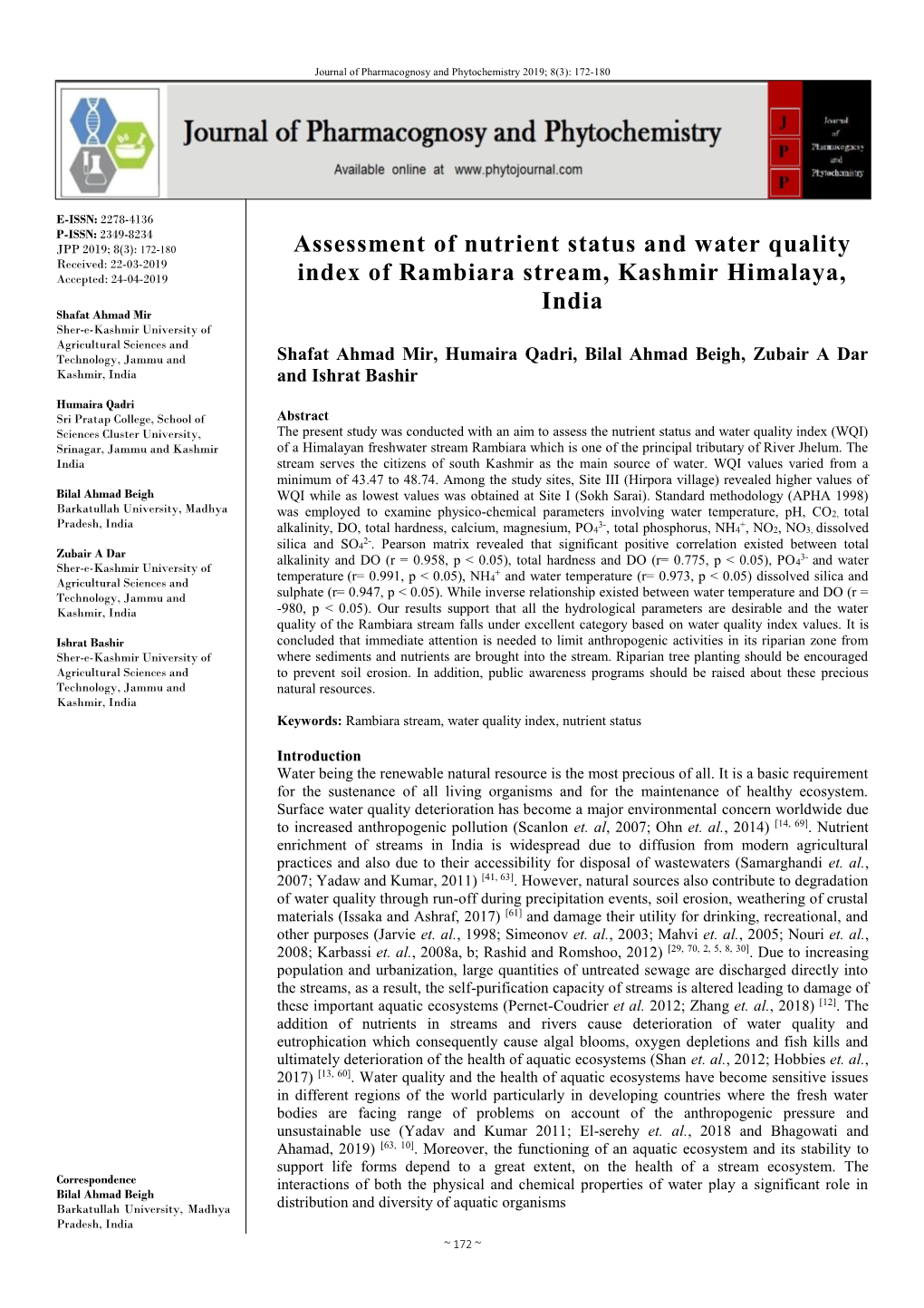 Assessment of Nutrient Status and Water Quality Index of Rambiara
